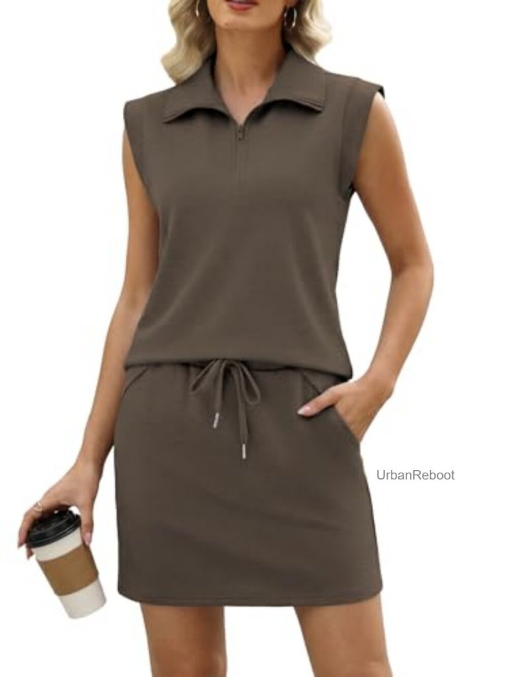 2 Piece Skirt Sets Sleeveless Zip Lapel Tennis Skirt with Shorts Pockets